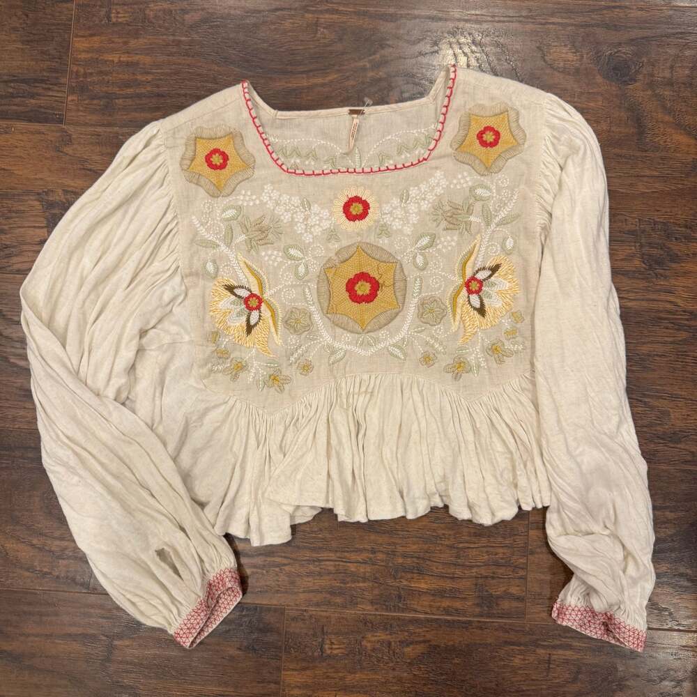 Free People Secret Garden Embroidered Boho Peasant Blouse